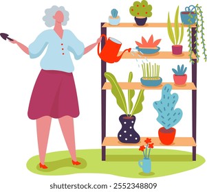 Elderly woman taking care of her houseplants, watering them with a red watering can while holding a small shovel, showcasing a passion for gardening and home decoration