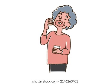 Elderly Woman Taking Medicine Comical Handwritten Person Vector, Color On Line Drawing