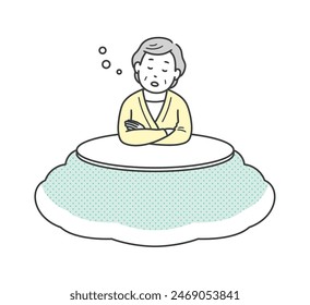 An elderly woman taking a nap in a kotatsu