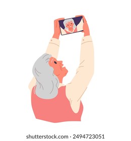 Elderly woman taking self photo or video with smartphone. Happy senior person holding phone to make selfie portrait, using tablet to call and chat with family and friends cartoon vector illustration