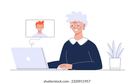 An elderly woman talking with her grandson video call using laptop. llustration of communication via internet. Vector illustration