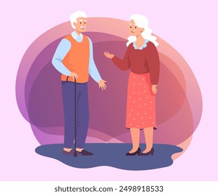 Elderly woman talking to man with cane. Old couple gesturing while conversation flat vector illustration. Communication, old age concept for banner, website design or landing page