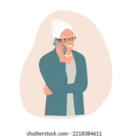 Elderly woman talking on the smartphone. Vector flat style  illustration