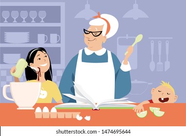 An elderly woman teaches her grandchildren to bake, EPS 8 vector illustration