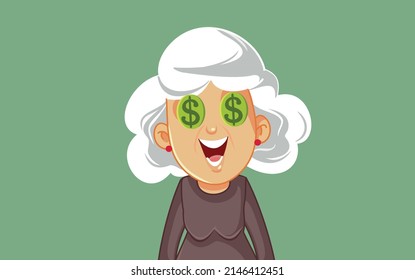 

Elderly Woman Thinking about Money Vector Cartoon Illustration. Greedy Senior elderly lady being greedy, and money driven
