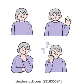 An elderly woman is in a thinking pose, questioning, and pointing her finger, simple style vector illustration.
