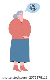 
An elderly woman thinks, remembers. The old lady has memory problems. Vector flat graphics.