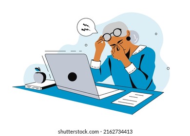 Elderly woman is Tired of working on a laptop. Tired character.  Concept of Eye Health while working at the computer. Flat graphics, vector illustration.	