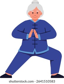 Elderly woman in a traditional blue tai chi uniform performs a martial arts pose with focused expression in a clean vector style. Calm and peaceful mood.