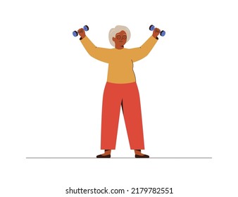 Elderly woman training with Dumbbells at home. Senior female has fitness workout. Concept of healthy sport habits and active lifestyle. Vector illustration.