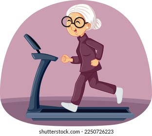 
Elderly Woman Training on a Treadmill Vector Cartoon Illustration. Senior lady feeling energized running and exercising 
