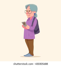 Elderly Woman, Travel, Grandparent, Tourism, Cartoon Character, Vacation, Travel Concept, Summer, Old Woman, Happy, Traveling Pensioner, With Bag, Vector Illustration