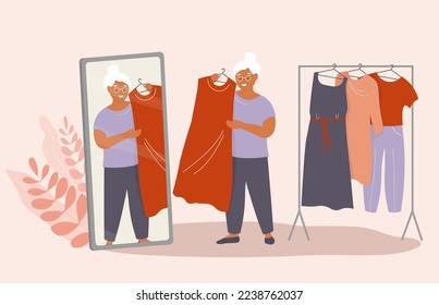 An elderly woman tries on a dress in front of a mirror. Wardrobe with different clothes. Grandma is fashionable, leads an active lifestyle. Vector graphics.