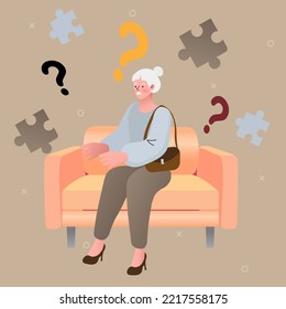 Elderly woman trying to remember something. Alzheimer illness concept. problems with brain and memory. Diseases from old age. Amnesia and dementia. Mental health disorders. flat vector illustration.