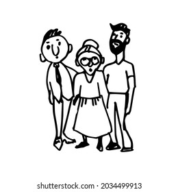 An elderly woman with two young men. Mother and sons. A hand-drawn sketch. Vector doodle illustration