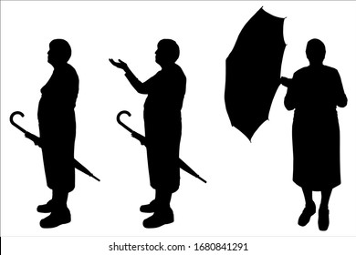 Elderly woman with an umbrella in her hands. Umbrella is open and closed. Vector illustration silhouette of a pensioner. Woman raised hand high, checking if it was raining. Umbrella silhouette in blue