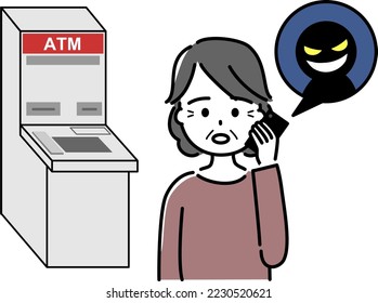 An elderly woman (upper body) instructed by a fraudster over the phone in front of a bank ATM