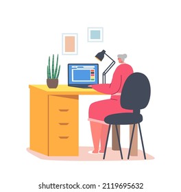 Elderly Woman Use Computer. Happy Senior Lady Character with Grey Hair Sitting on Chair at Desk Working on Laptop, Watching Movie or Communicate in Social Media Network. Cartoon Vector Illustration