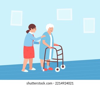 An elderly woman uses a rollator walker under the supervision of a nurse. Walkers are designed to provide extra support and ease of movement for people. Flat vector illustration.