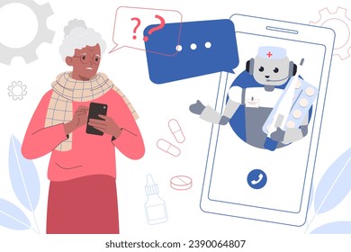 Elderly woman uses smartphone for мedical consulting.  Artificial intelligence robot advises patient  and answer questions. Healthcare virtual assistants. Medical chat-bot concept.
