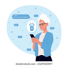 Elderly woman uses the technology of a smart AI robot. AI chat concept, artificial intelligence. Dialogue between the AI assistant and the user in the messenger.