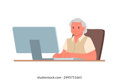 Elderly woman using computer. Happy senior character sitting at desk with PC to work or study, play and chat in social media with friends and family, employee on retirement cartoon vector illustration