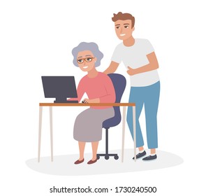 Elderly Woman Using Computer With Help Of Young Man. Back To School. E-learning, Older Student, Senior Worker, Technology, Communication, Connection