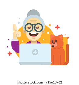Elderly woman using a computer. Vector modern design illustrative icon