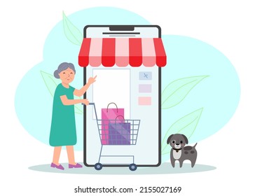 An elderly woman using her phone to shop online.