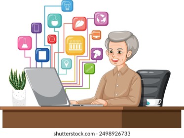 Elderly woman using laptop at desk