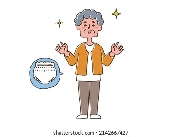 Elderly woman using rehabilitation pants Comical handwritten person vector, color on line drawing