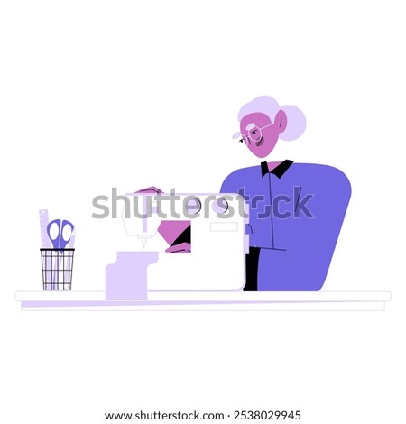 Elderly Woman Using Sewing Machine In Flat Vector Illustration Symbolizing Craftsmanship And Creativity, Isolated On White Background