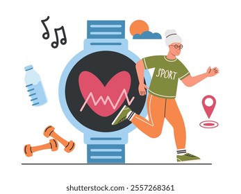 Elderly woman using smart watch for sports. Fitness tracker with heart rate monitoring, geolocation, water rate, music, weather, activity applications. Elderly woman running. Wireless technology. Flat