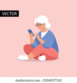 Mujer anciana que usa el smartphone. Educación para adultos. Ilustración vectorial del uso de tecnología por parte de los mayores, envío de mensajes, toma de Fotos y recepción de correos electrónicos en teléfonos inteligentes.