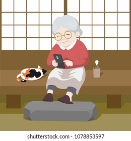 Elderly woman using smartphone vector illustration