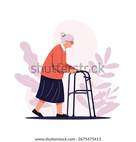 Elderly woman using a walker for mobility assistance and support during daily life activities
