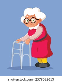 
Elderly Woman Using a Walking Frame Vector Medical Illustration. Old disabled person assisted in daily living by medical device 
