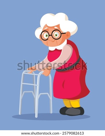 
Elderly Woman Using a Walking Frame Vector Medical Illustration. Old disabled person assisted in daily living by medical device 
