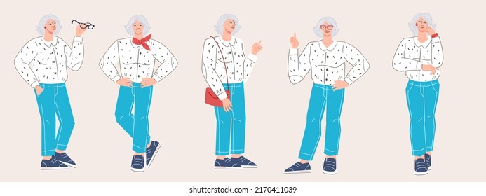 Elderly woman in various poses and with different face expression, flat cartoon vector illustration isolated on background. Modern elderly person of retirement age.