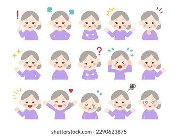 Elderly woman in various poses and facial expressions. Vector illustration. Different emotions icon set. White background. 