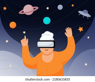 Elderly woman in vr glasses looks at space with planets and ufo. An old woman and new technologies. Vector flat illustration.