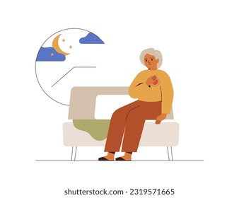 La anciana despierta con un síntoma de latido cardíaco. La anciana se sienta en la cama con aliento. El concepto de insomnio y trastornos del sueño relacionados con la edad. La abuela sufre de insomnio. Ilustración del vector