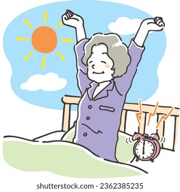 Elderly woman waking up refreshed in the morning