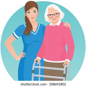 An elderly woman with a walker and nurse/Elderly patient and a nurse/Illustration of an elderly nursing home patient and nurse