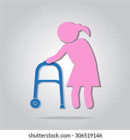 Elderly woman and walker symbol, icon vector illustration