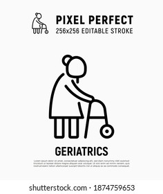 Elderly woman with walkers. Nursing home. Thin line icon. Pixel perfect, editable stroke. Vector illustration.