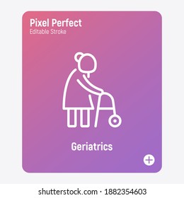 Elderly woman with walkers. Nursing home. Thin line icon. Pixel perfect, editable stroke. Vector illustration.