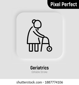 Elderly woman with walkers. Nursing home. Thin line icon. Pixel perfect, editable stroke. Vector illustration.