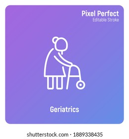Elderly woman with walkers. Nursing home. Thin line icon. Pixel perfect, editable stroke. Vector illustration.