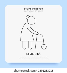 Elderly woman with walkers. Nursing home. Super thin line icon. Pixel perfect, editable stroke. Vector illustration.